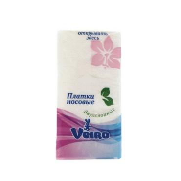 Платки носовые бумажные 2-слойные белые, Veiro, 15 гр., пластиковый пакет