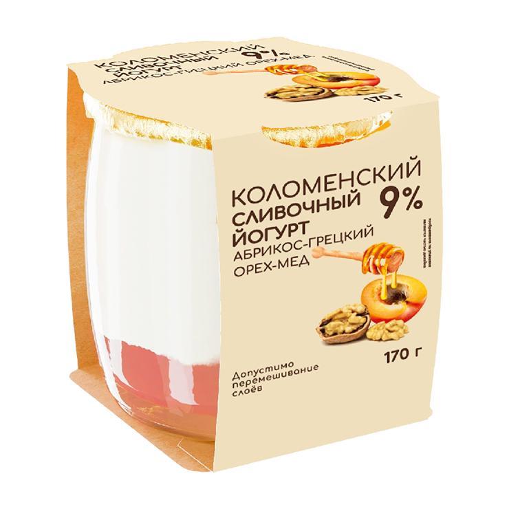 Йогурт Коломенское сливочный абрикос грецкий орех мед 9% 170 гр., стекло