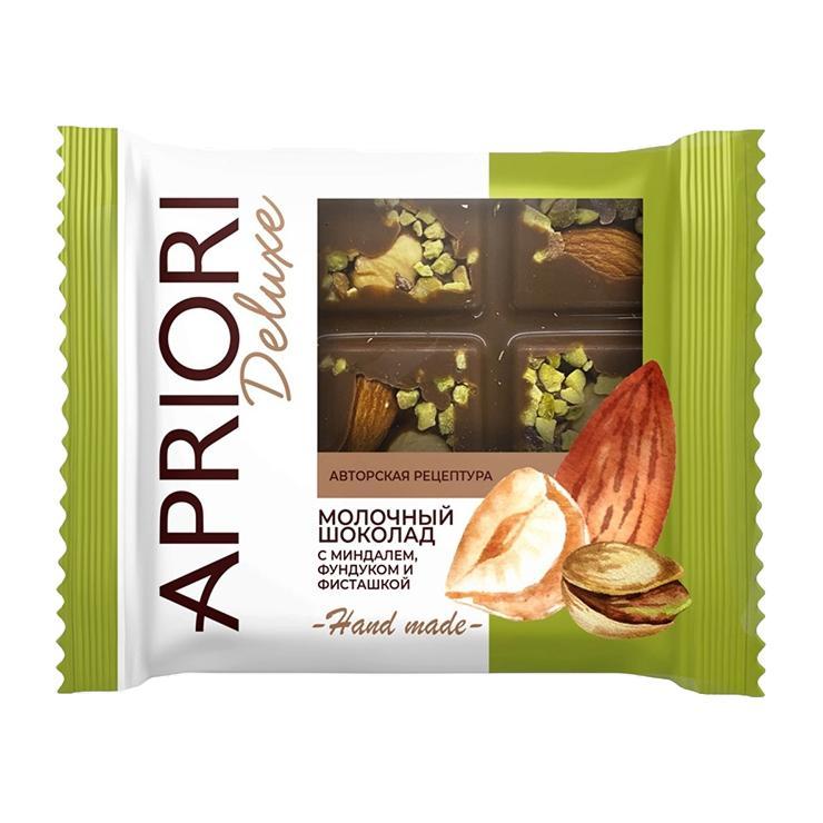 Шоколад Apriori Hand made молочный миндаль фундук фисташка 50 гр., флоу-пак