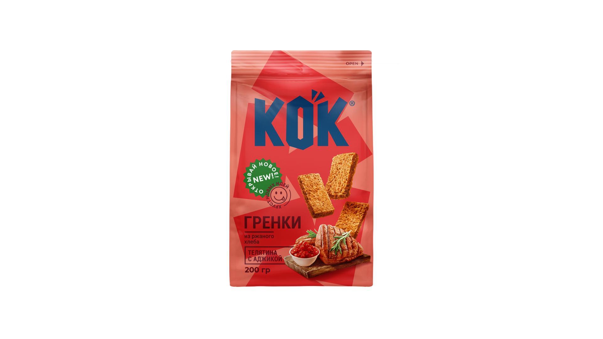 Гренки Kok из ржаного хлеба со вкусом телятины с аджикой 200 гр., флоу-пак