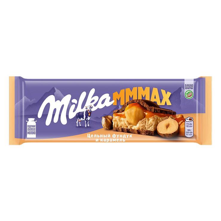 Шоколад Milka молочный с карамельной начинкой и цельным фундуком 270 гр., флоу-пак