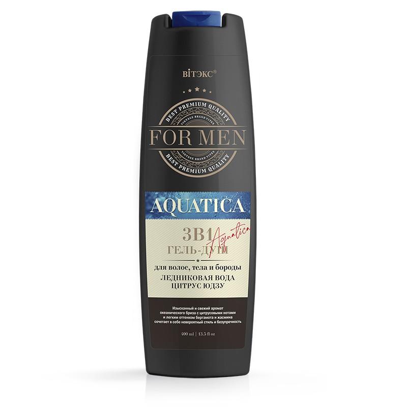 Гель для душа Vitex For men Aquatica 3в1 для волос тела бороды ледниковая вода и цитрус юдзу 400 мл., флакон с дозатором
