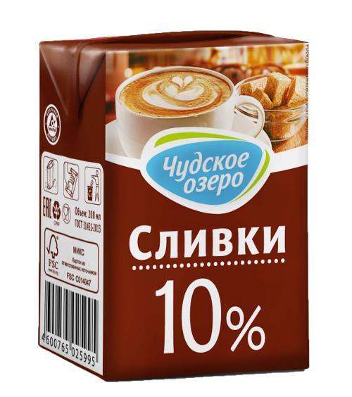 Сливки Чудское Озеро ультрапастеризованные 10% 200 мл., тетра-пак