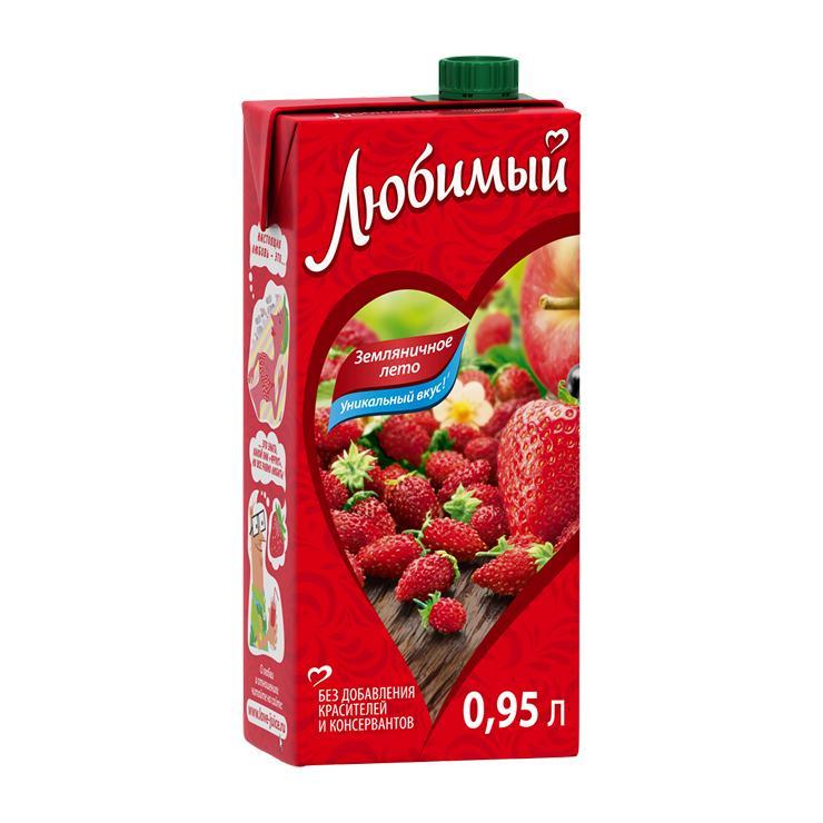 Напиток сокосодержащий Любимый Земляничное лето яблоко клубника земляника черноплодная рябина 950 мл., тетра-пак