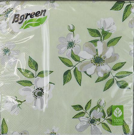 Салфетки Bgreen Жасмин зелёный фон бумажные трехслойные 20 штук 33*33 см., пленка