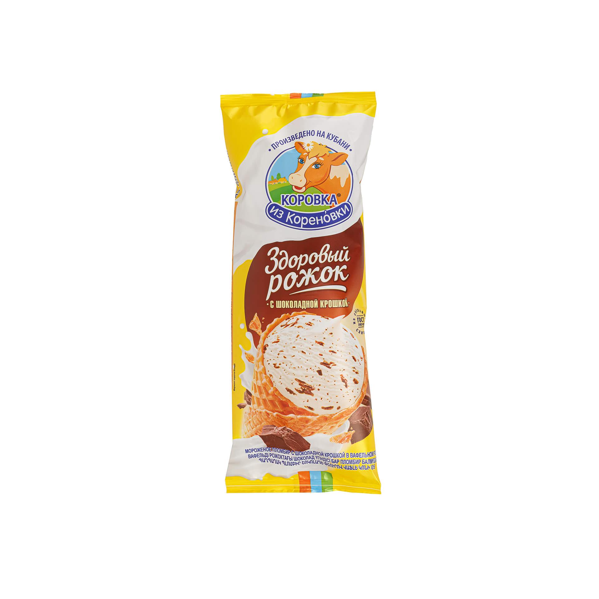 Мороженое пломбир Коровка из Кореновки шоколадная крошка большой рожок 120 гр., флоу-пак