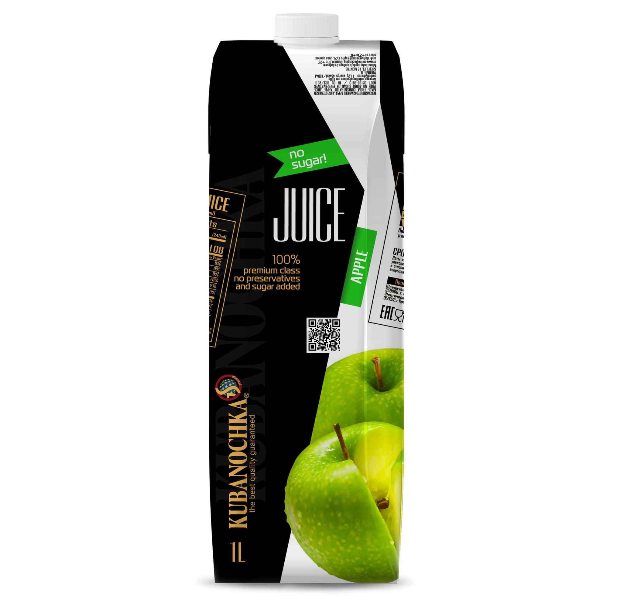 Сок Кубаночка яблочный восстановленный осветленный 1 л., тетра-пак