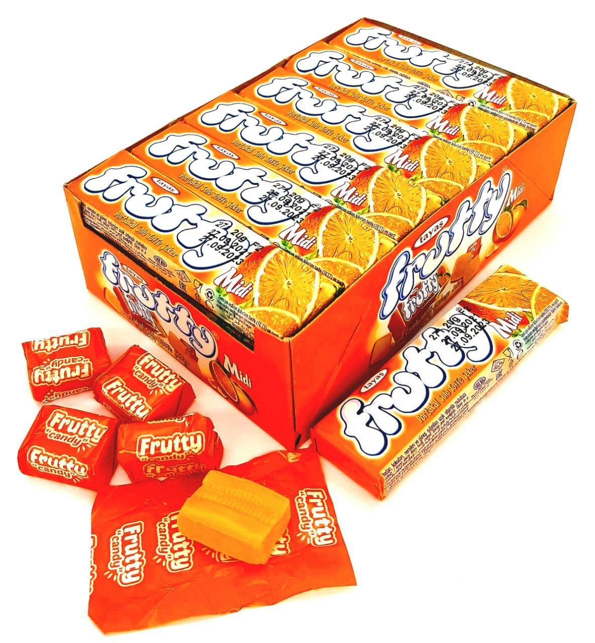 Конфеты Frutty Midi Tayash жевательные апельсин 20 гр.*16*24 шт., стенд-бокс