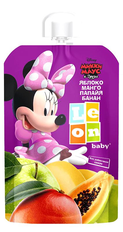 Пюре Leon baby Минни из яблок, манго, папайи и бананов с 8 мес. 90 гр., пауч