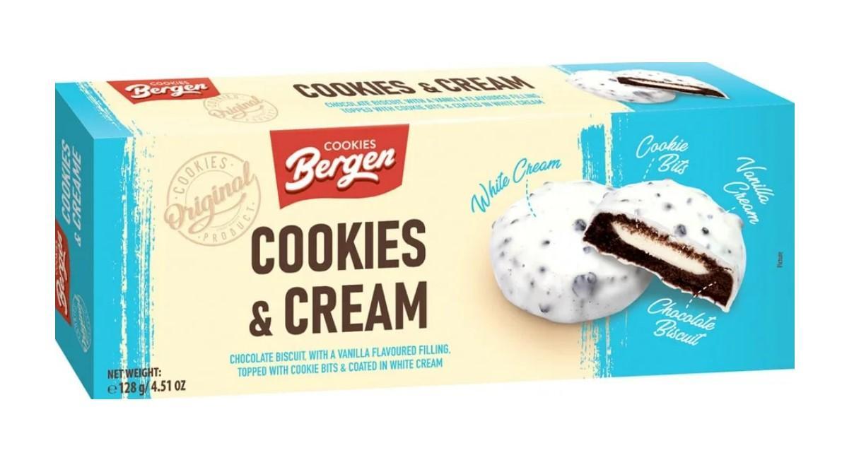 Печенье Bergen Cookies & Cream с начинкой с ванильным вкусом кусочками печенья в белой глазури 128 гр., картон