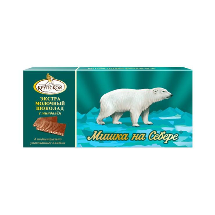 Шоколад Фабрика имени Крупской мишка на севере молочный с дробленым миндалем 100 гр., картон