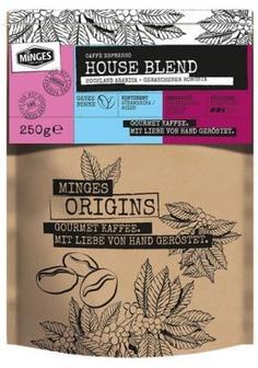 Кофе натуральный жареный в зернах MINGES ORIGINS CAFFE ESPRESSO HOUSE BLEND, 250 гр., флоу-пак