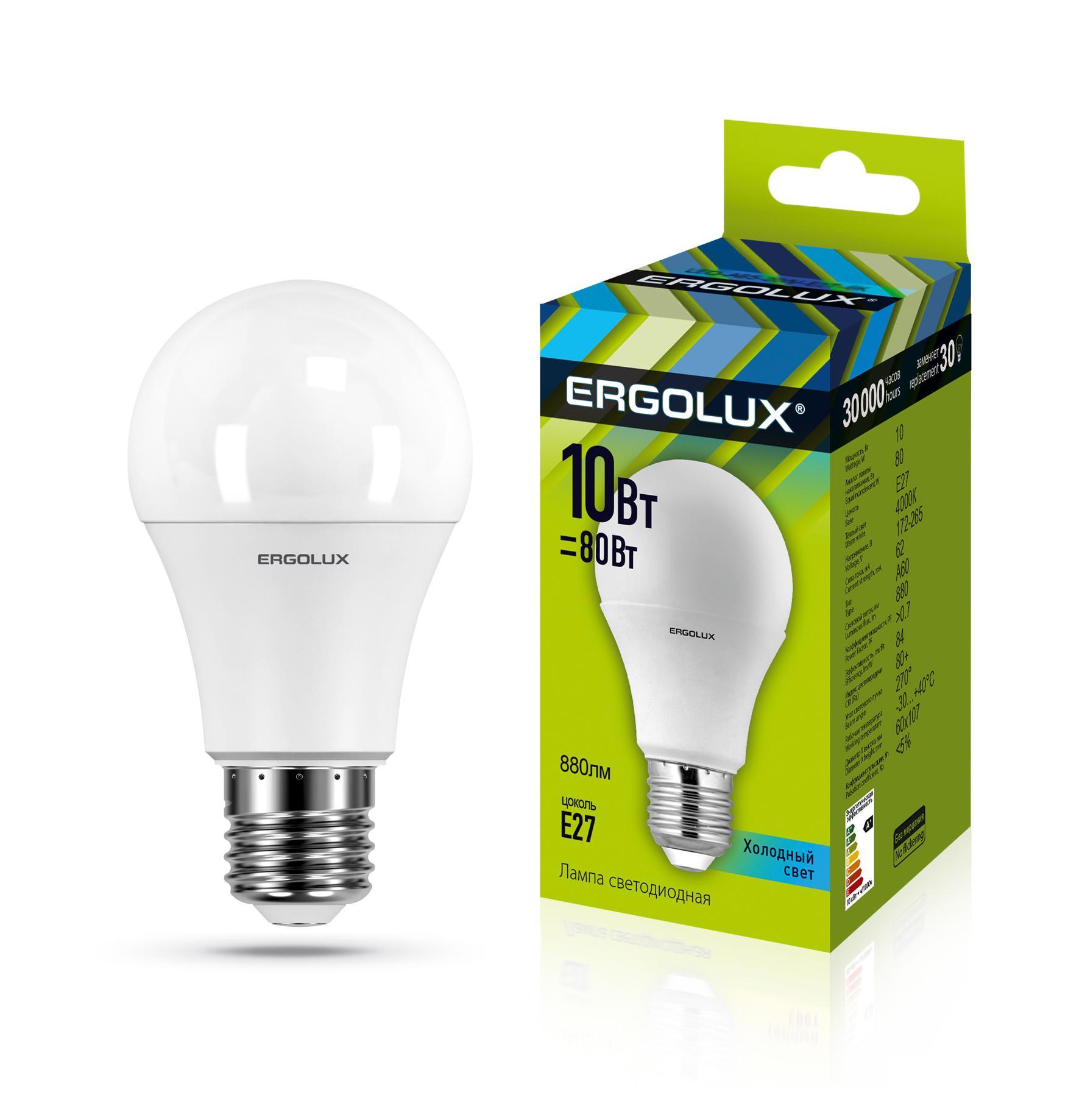 Лампа Ergolux LED-A60-10W-E27-4K 10ВтE27 4500K ЛОН 1шт, картон