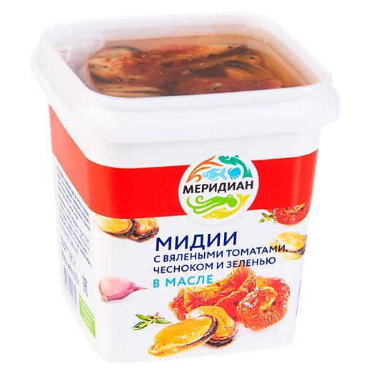 Мидии Меридиан с вялеными томатами, чесноком и зеленью в масле 270 гр., ПЭТ