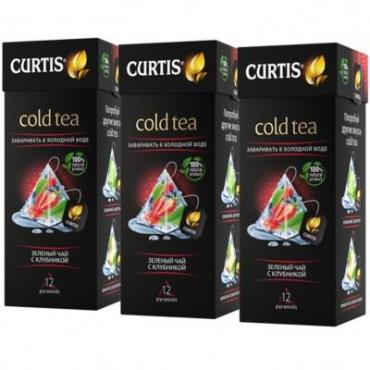 Чай зеленый 12 пирамидок х 3 упаковки Curtis Cold Tea. Зеленый чай с клубникой, 64 гр., картонная коробка