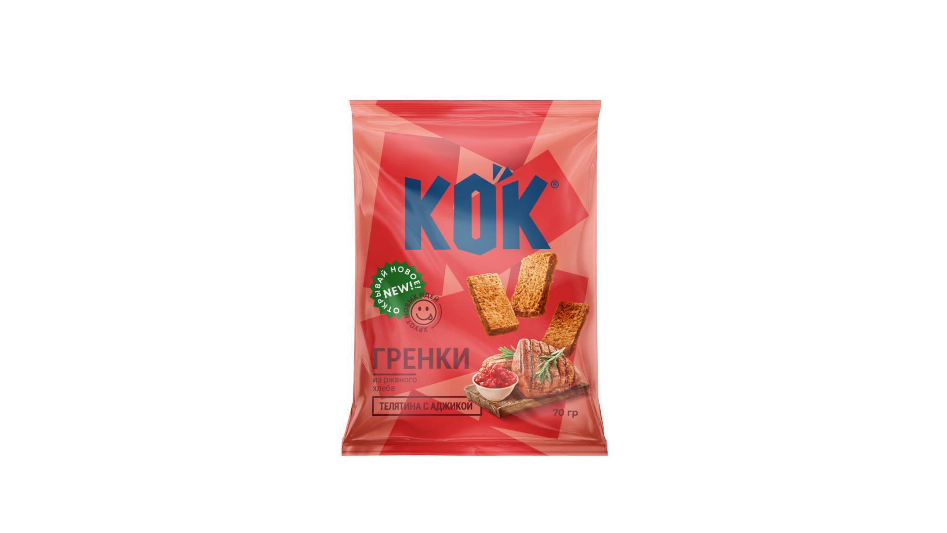 Гренки Kok из ржаного хлеба со вкусом телятины с аджикой 70 гр., флоу-пак