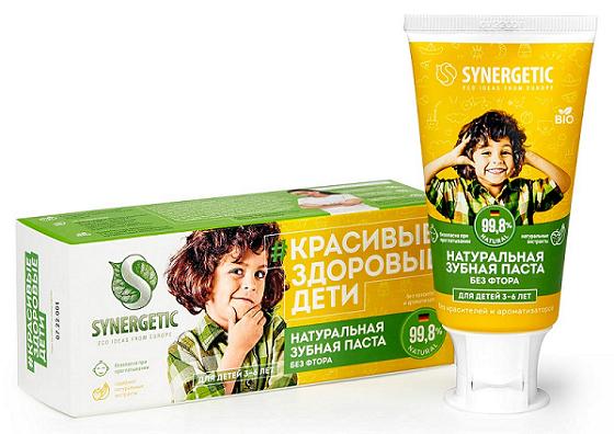 Зубная паста детская, клубничка и банан, от 3 до 6 лет, желтая Synergetic, 50 гр., пластиковая туба