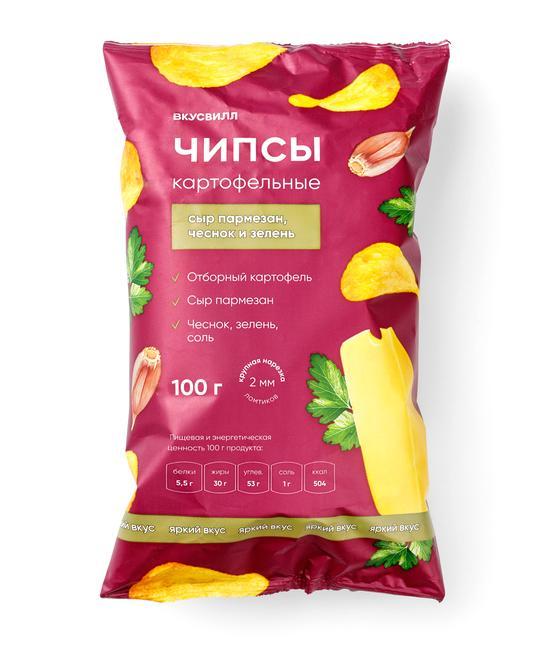 Чипсы картофельные ВкусВилл Сыр пармезан с чесноком и зеленью 100 гр., флоу-пак