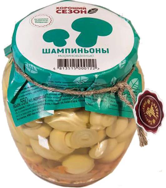 Шампиньоны Хороший Сезон маринованные , 520 гр, стекло