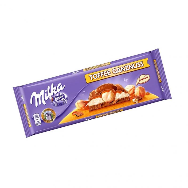 Шоколад Milka с цельным фундуком и жидкой карамелью Toffee Wholenut, 300 гр., флоу-пак