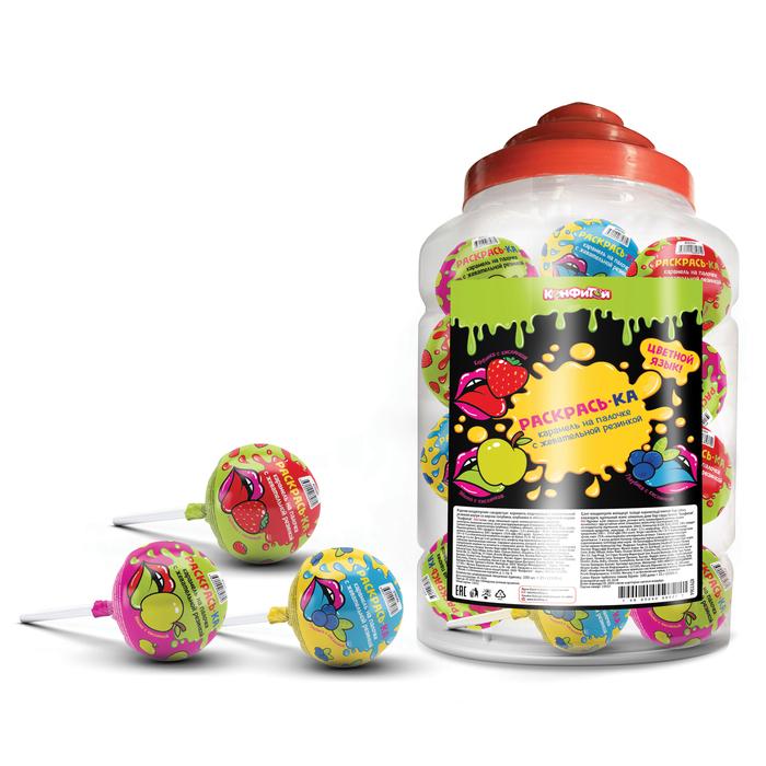 Карамель на палочке с жевательной резинкой 3 вкуса в банке, Раскрась-ка, 21 гр., пластиковая упаковка