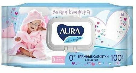 Влажные салфетки Aura Ultra comfort для детей с экстрактом алоэ и витамином Е 100 штук, флоу-пак