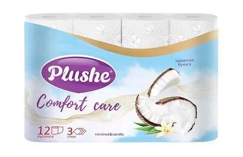 Туалетная бумага Plushe Comfort Care Coconut & Vanilla белая 3 слоя 12 шт., флоу-пак