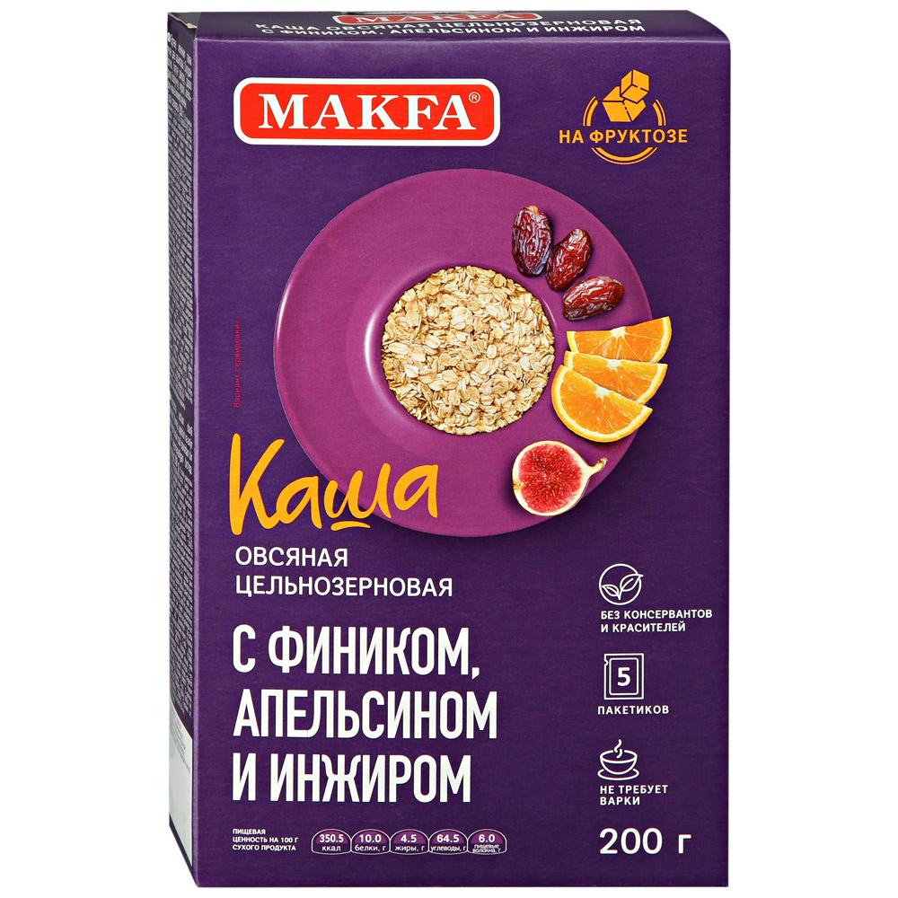Каша Makfa овсяная цельнозерновая быстрорастворимая с фиником, апельсином и инжиром, 200 гр., картонная коробка