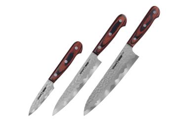 Набор кухонных ножей Samura Kaiju 3 шт: лезвия 7,8 см. 15 см. 21 см. сталь AUS-8 деревянная рукоять