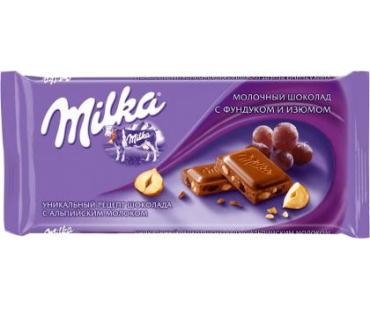Шоколад Milka молочный с фундуком, 90 гр., флоу-пак