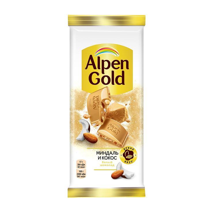 Шоколад Alpen Gold белый миндаль и кокосовая стружка 80 гр., флоу-пак