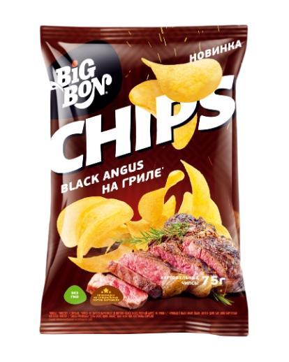 Чипсы Big Bon из сырого картофеля Black angus на гриле 75 гр., флоу-пак