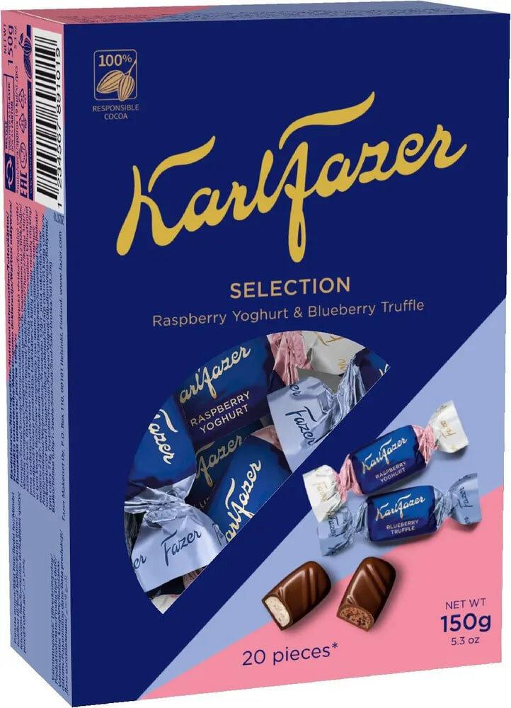 Конфеты karl Fazer selection из молочного шоколада с начинкой малиновый йогурт черничный трюфель 150 гр., картон