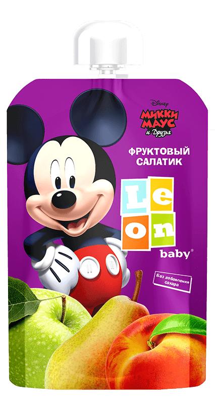 Пюре Leon baby Микки Фруктовый салатик Яблоко-груша-персик с 5 мес. 90 гр., пауч