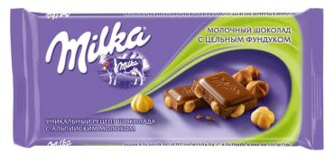 Шоколад Milka молочный с цельным фундуком 90г