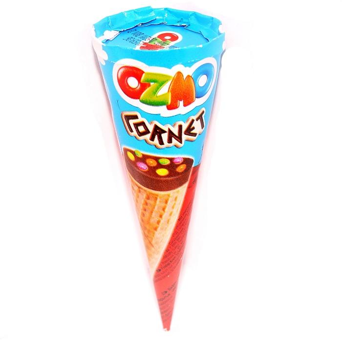 Рожок вафельный Ozmo Cornet с кремом из фундука с конфетами-драже 25 гр., обертка