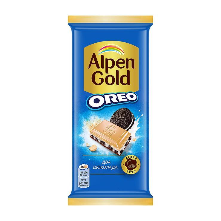 Шоколад Alpen Gold Oreo Два шоколада молочный с белым с ванильной начинкой и кусочками печенья 90 гр., флоу-пак