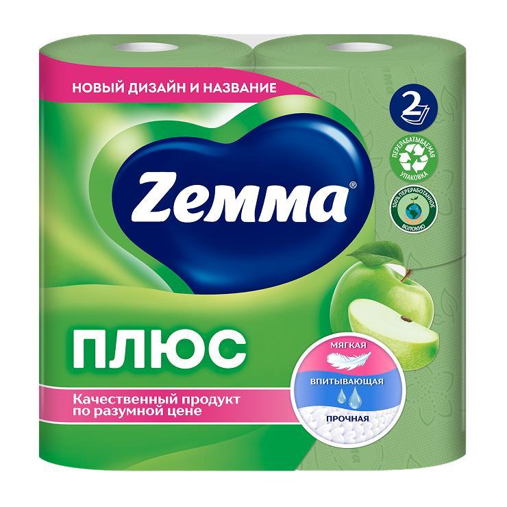 Туалетная бумага Zemma Плюс 4 рулона 2-х слойная зеленое яблоко зеленая, флоу-пак