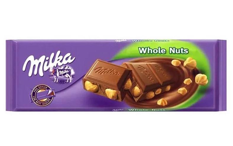 Шоколад Milka молочный с цельным орехом 250 гр., флоу-пак