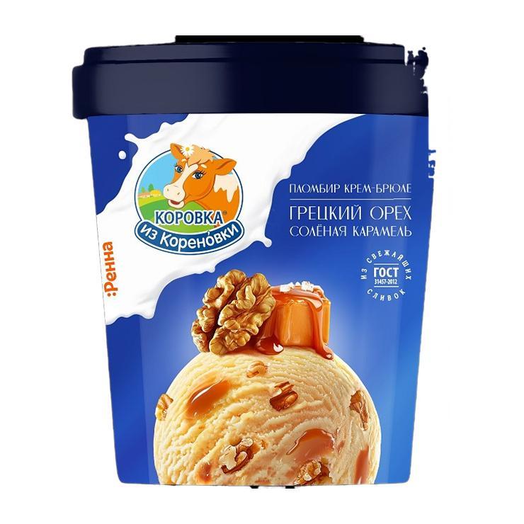 Мороженое Коровка из Кореновки пломбир крем-брюле с соленой карамелью и грецким орехом 15% БЗМЖ 300 гр., ведро