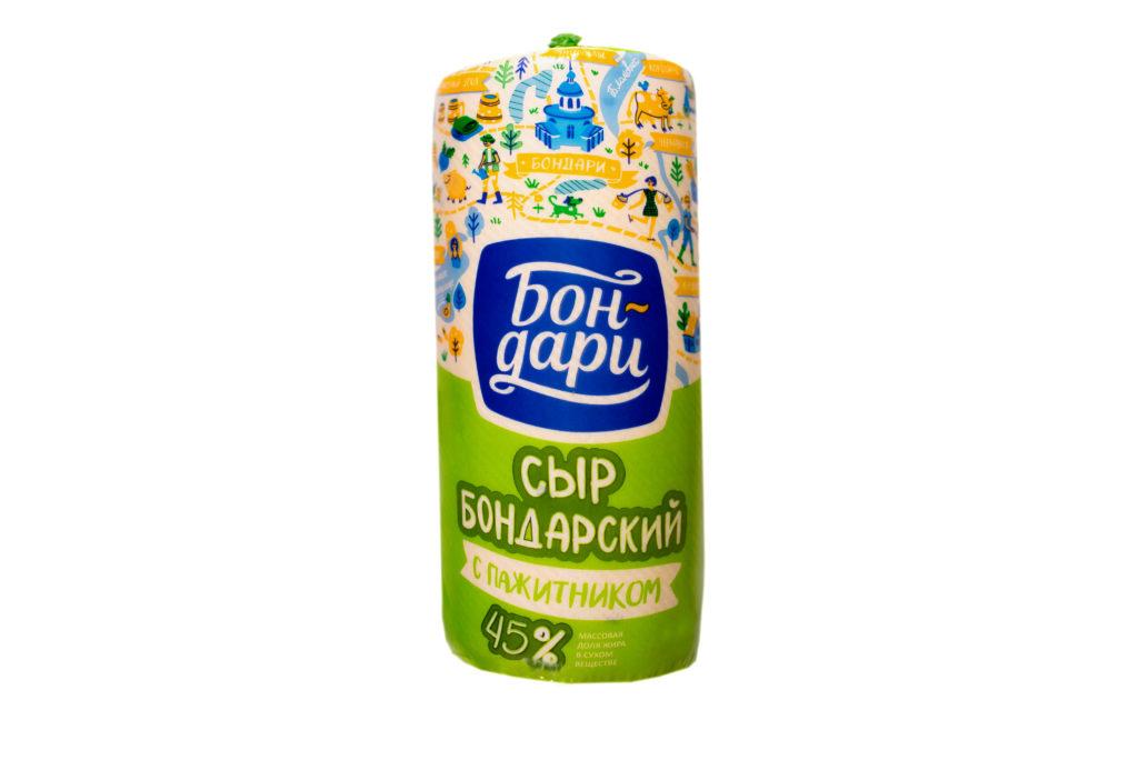 Сыр Бондари Бондарский с пажитником 45% цилиндр 2,2 кг., пленка