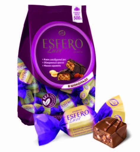 Конфеты Konti Esfero Luxe карамель-арахис-изюм-возд.рис,500 гр., флоу-пак