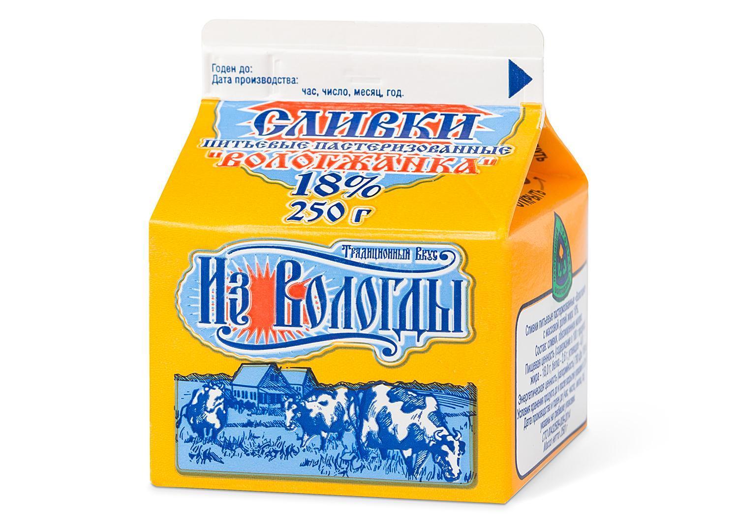 Сливки 18% Вологжанка, 250 гр., тетра-пак