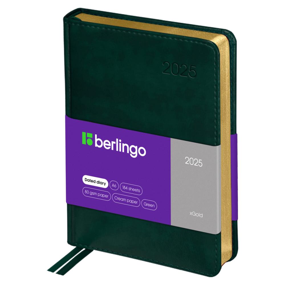 Ежедневник Berlingo xGold А6 датированный 2025 год 184 листа золотистый срез зеленый кожзам., пакет