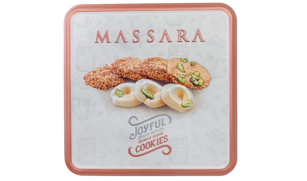 Печенье MASSARA Joyful premium white butter crunchy sesame с кунжутом медом и фисташками 400 гр., ж/б