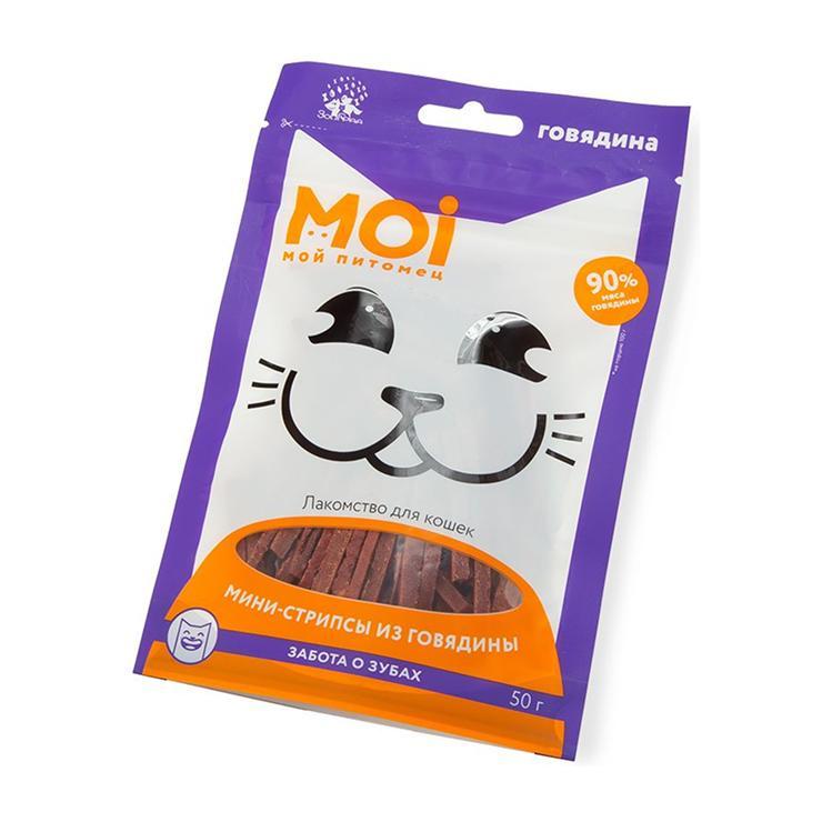 Лакомство для кошек MOI мини-стрипсы из говядины 50 гр., пакет