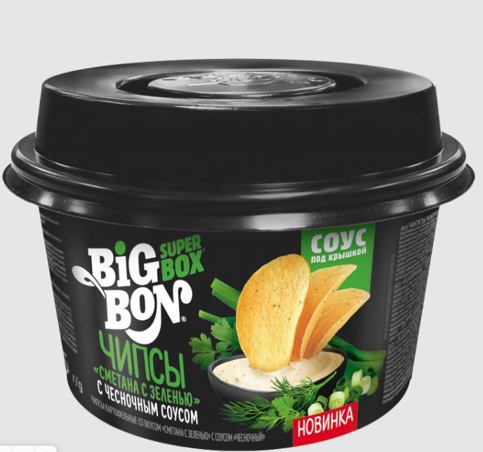 Чипсы Big Bon Snack Box Сметана и зелень с чесночным соусом 70 гр., ПЭТ