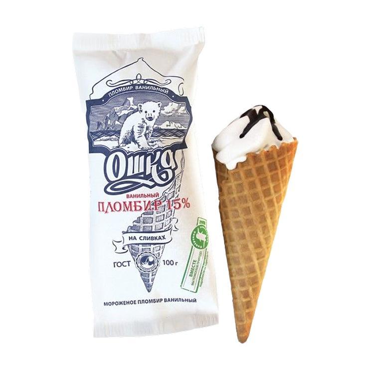 Мороженое пломбир Ошка ванильный рожок 15% 90 гр., флоу-пак