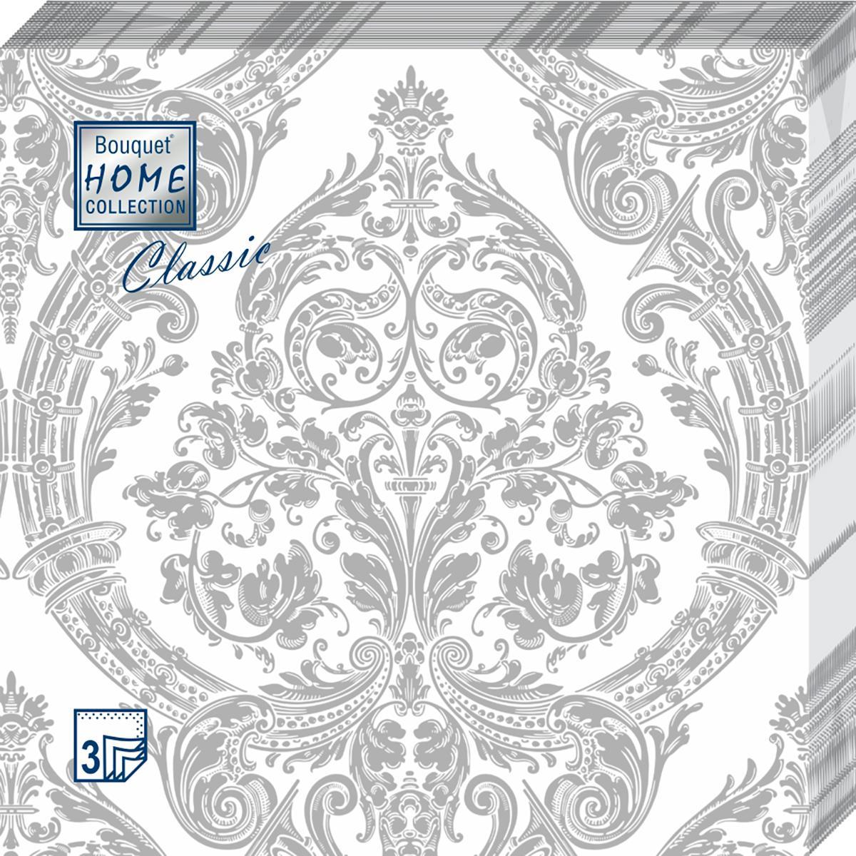 Салфетки бумажные Bouquet Royal Серебро на белом 3 слоя 33х33 см. 20 шт., пленка