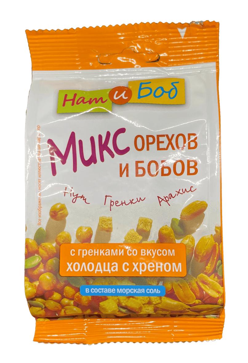 Микс орехов и бобов с гренками со вкусом холодца с хреном 70 гр., пакет